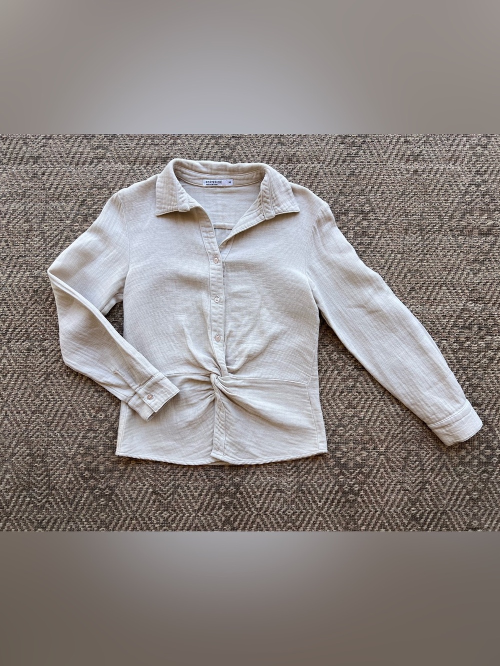 Stateside Beige Twist Front Button Down Top XS Soft Knit Long Sleeve - Picture 1 of 6